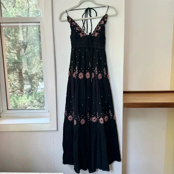 New Free People Real Love Embroidered Dress Maxi Summer Black Pink - Picture 10 of 17